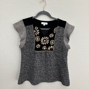 THML Black Gray Tweed Velvet top Flutter Sleeve winter fall dressy blouse size M